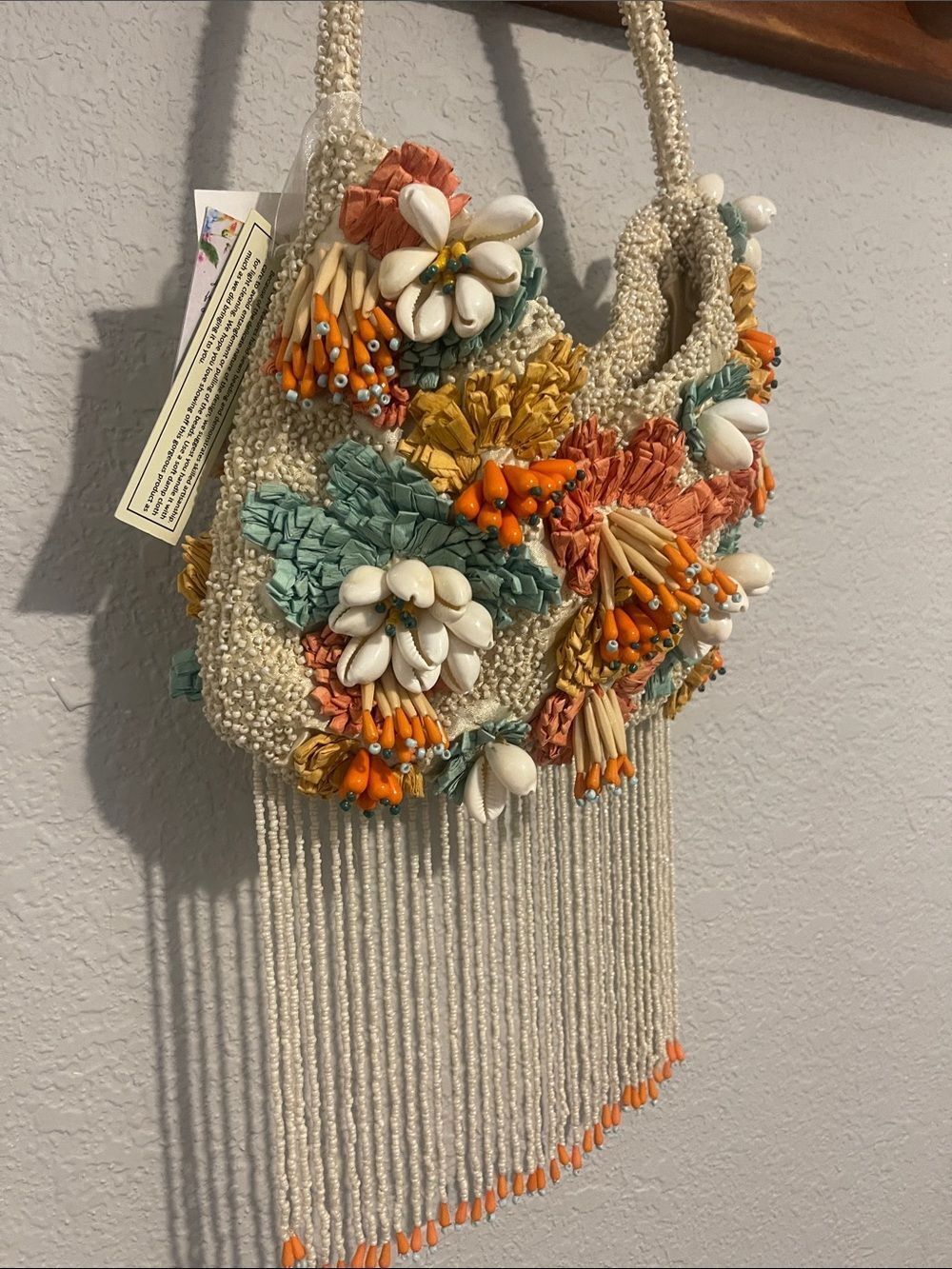 Viral Beaded Bag - Floral Fringe Satchel - Ivory with Orange & Teal Accents - Picture 3 of 12